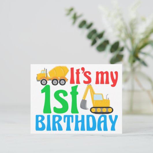 1e verjaardag jongen bouwvoertuig schattig briefkaart (Staand voorkant)