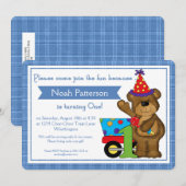 1e verjaardag Jongen nodigt Teddy Bear Train d1 ui Kaart (Voorkant / Achterkant)