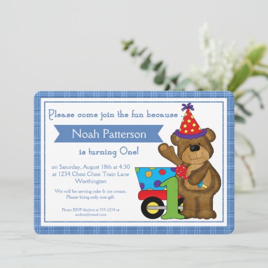 1e verjaardag Jongen nodigt Teddy Bear Train d1 ui Kaart (Staand voorkant)