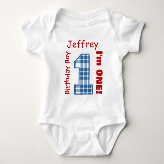 1e Verjaardag Jongen PLAID 1 jaar Custom Name V12A Romper (Voorkant)