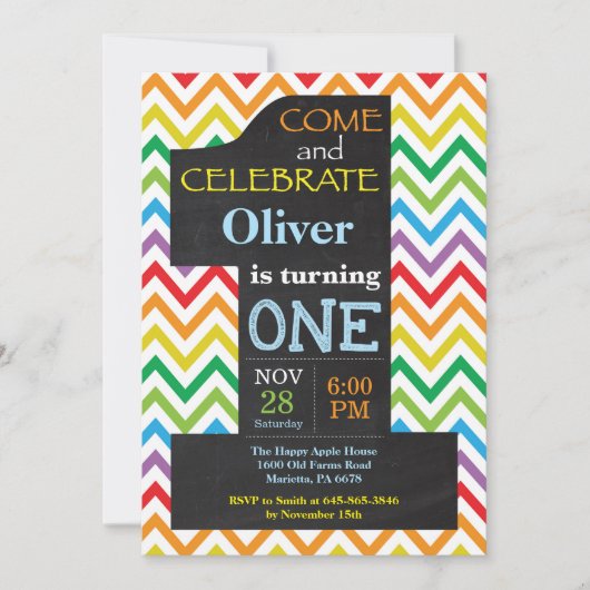 1e Verjaardag Jongen Regenboog Krijtbord Uitnodigi Kaart (Voorkant)