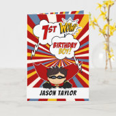 1e verjaardag Jongen Superheld Comic Theme Kaart (Gele Bloem)