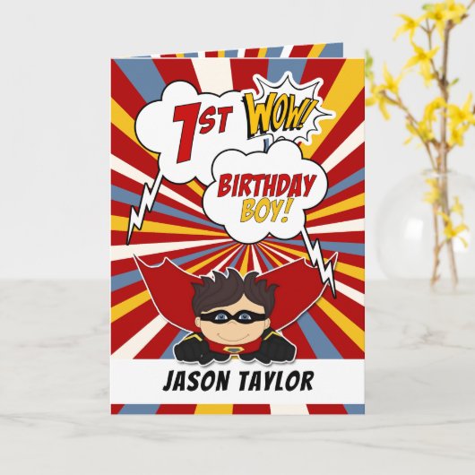 1e verjaardag Jongen Superheld Comic Theme Kaart (Gele Bloem)