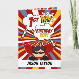 1e verjaardag Jongen Superheld Comic Theme Kaart