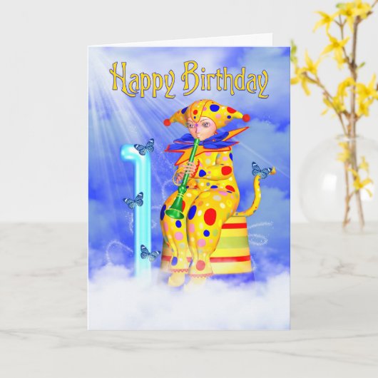 1e Verjaardag Kaart - Schattigee kleine Pixie Clow (Gele Bloem)