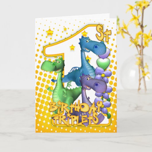 1e verjaardag Kaart voor drieling met drie Schatti (Gele Bloem)