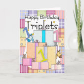 1e verjaardag Kaart voor drieling met geschenken (Voorkant)