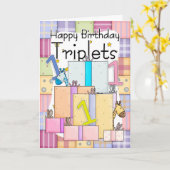 1e verjaardag Kaart voor drieling met geschenken (Gele Bloem)