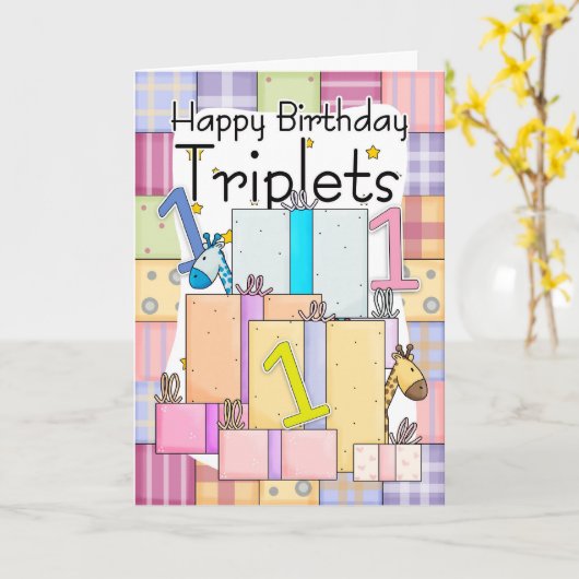 1e verjaardag Kaart voor drieling met geschenken (Gele Bloem)