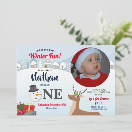 1e Verjaardag Kerstfeest Foto Sneeuwman Winter Kaart (Staand voorkant)