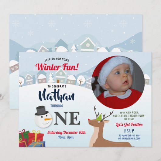 1e Verjaardag Kerstfeest Foto Sneeuwman Winter Kaart (Voorkant / Achterkant)