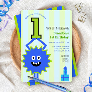 1e verjaardag Kleine Monster Jongen Blauw Groen St Kaart