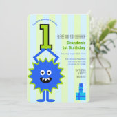 1e verjaardag Kleine Monster Jongen Blauw Groene S Kaart (Staand voorkant)