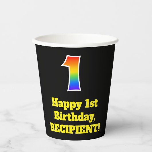 1e verjaardag: Kleurrijk, Leuk, Opwindend, Regenbo Papieren Bekers (Voorkant)