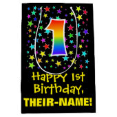 1e verjaardag: Kleurrijk sterrenpatroon en regenbo Medium Cadeauzakje (Voorkant)