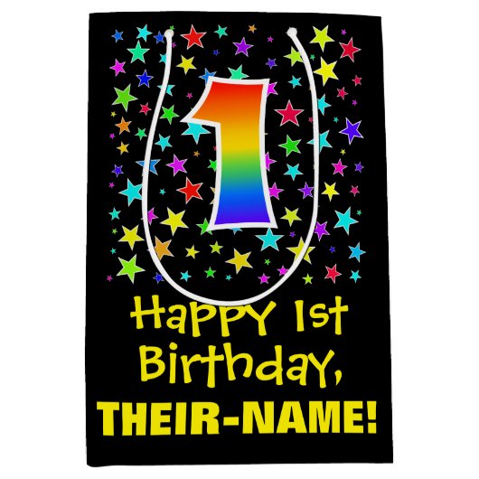 1e verjaardag: Kleurrijk sterrenpatroon en regenbo Medium Cadeauzakje (Voorkant)