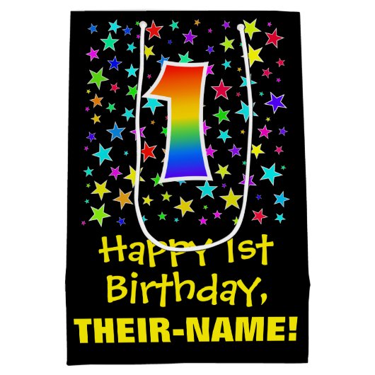 1e verjaardag: Kleurrijk sterrenpatroon en regenbo Medium Cadeauzakje (Achterkant)