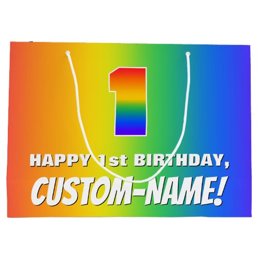 1e verjaardag: kleurrijk, vun regenboogpatroon # 1 groot cadeauzakje (Achterkant)