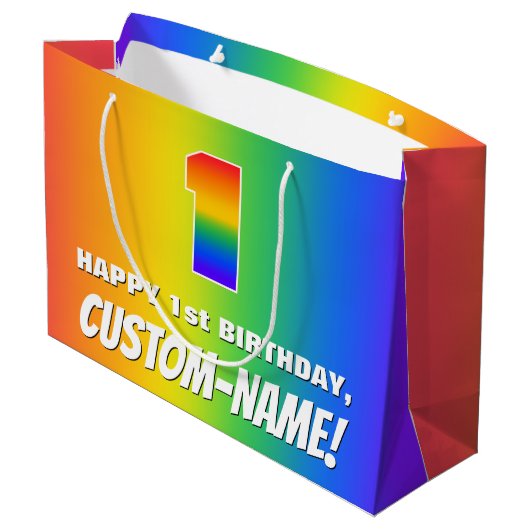 1e verjaardag: kleurrijk, vun regenboogpatroon # 1 groot cadeauzakje (Achterkant Gekanteld)