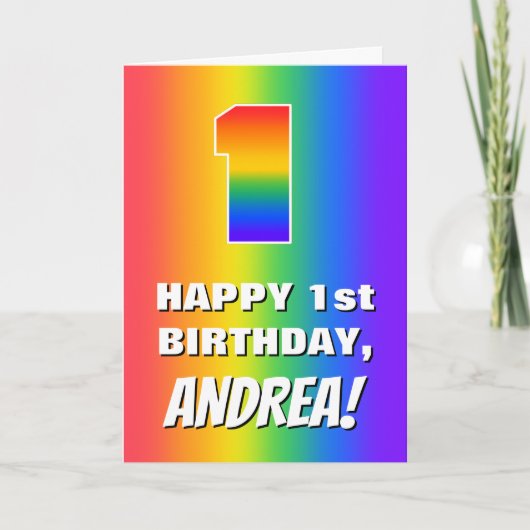 1e verjaardag: kleurrijk, vun regenboogpatroon # 1 kaart (Voorkant)