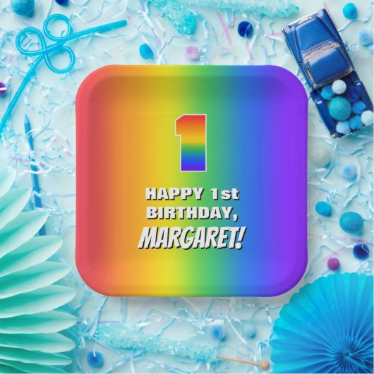 1e verjaardag: kleurrijk, vun regenboogpatroon # 1 papieren bordje (Feest)