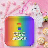 1e verjaardag: kleurrijk, vun regenboogpatroon # 1 papieren bordje (Feest)