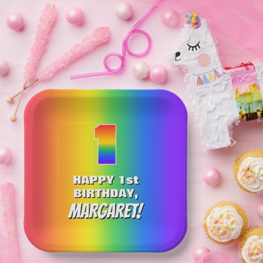 1e verjaardag: kleurrijk, vun regenboogpatroon # 1 papieren bordje (Feest)