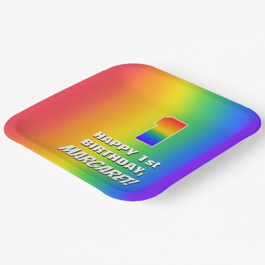 1e verjaardag: kleurrijk, vun regenboogpatroon # 1 papieren bordje (Gebogen)