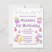 1e verjaardag kleurrijke eenhoorns cupcakes paars kaart (Voorkant)