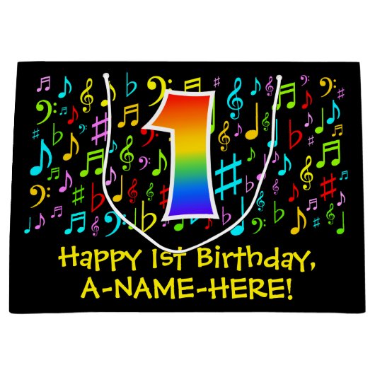 1e verjaardag - Kleurrijke muzieksymbolen, Rainbow Groot Cadeauzakje (Voorkant)