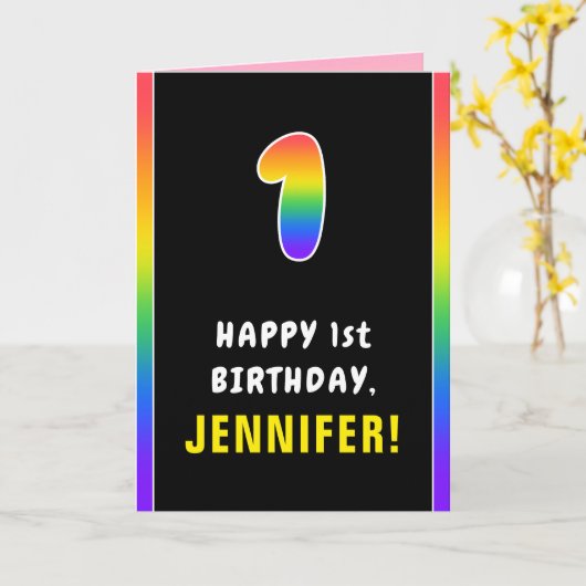 1e verjaardag: Kleurrijke regenboog # 1, de Naam v Kaart (Gele Bloem)