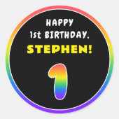 1e verjaardag: Kleurrijke regenboog # 1, de Naam v Ronde Sticker (Voorkant)