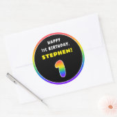 1e verjaardag: Kleurrijke regenboog # 1, de Naam v Ronde Sticker (Envelop)