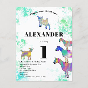 1e verjaardag kleurrijke Waterverf geiten Uitnodiging Briefkaart