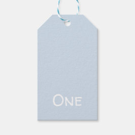 1e verjaardag Label met blauwe cadeaus op pastel Cadeaulabel