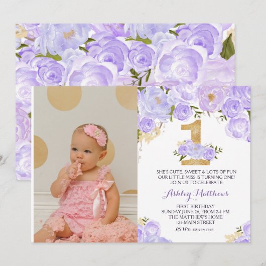 1E verjaardag lavendel EERSTE Bloemenuitnodiging Kaart (Voorkant / Achterkant)