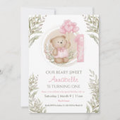 1e Verjaardag Leuk Baby Beer Roze Hart Ballonnen Kaart (Voorkant)
