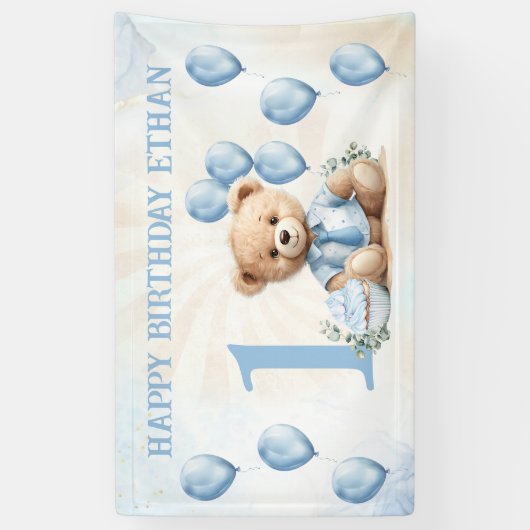 1e Verjaardag Leuk Beer Blauwe Ballonnen Banner (Verticaal)