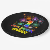 1e verjaardag: leuk vuurwerkpatroon + regenboog 1 papieren bordje (Gekanteld)