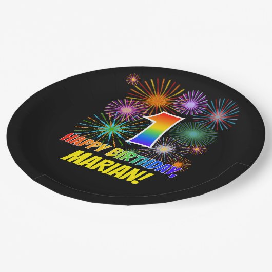 1e verjaardag: leuk vuurwerkpatroon + regenboog 1 papieren bordje (Gekanteld)
