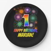 1e verjaardag: leuk vuurwerkpatroon + regenboog 1 papieren bordje (Voorkant)