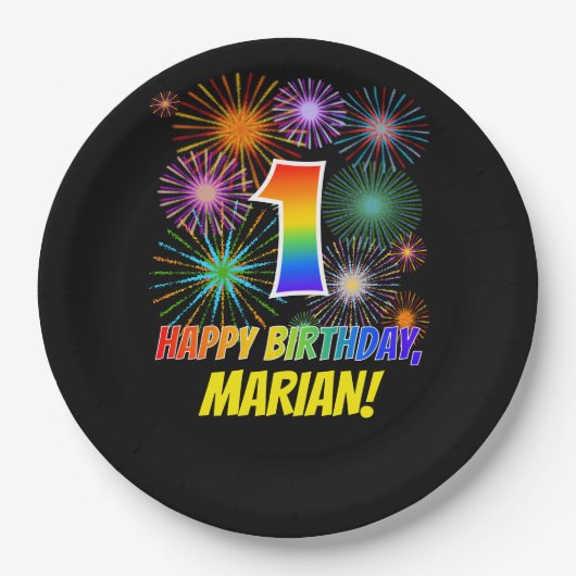 1e verjaardag: leuk vuurwerkpatroon + regenboog 1 papieren bordje (Voorkant)
