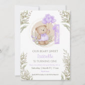 1e Verjaardag Leuke Teddybeer Paarse hartballonnen Kaart (Voorkant)