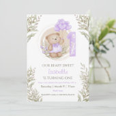 1e Verjaardag Leuke Teddybeer Paarse hartballonnen Kaart (Staand voorkant)