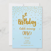 1e Verjaardag Lichtblauw & Goud Confetti Invitatio Kaart (Voorkant)
