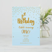 1e Verjaardag Lichtblauw & Goud Confetti Invitatio Kaart (Staand voorkant)
