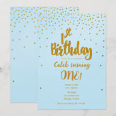 1e Verjaardag Lichtblauw & Goud Confetti Invitatio Kaart (Voorkant / Achterkant)