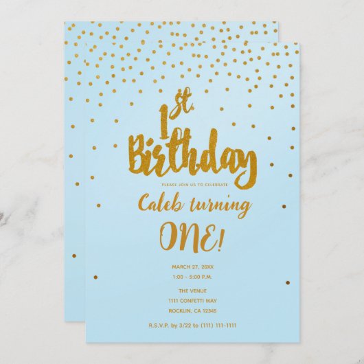 1e Verjaardag Lichtblauw & Goud Confetti Invitatio Kaart (Voorkant / Achterkant)