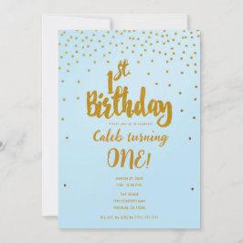 1e Verjaardag Lichtblauw & Goud Confetti Invitatio Kaart