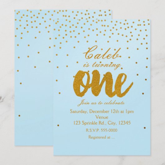 1e Verjaardag Lichtblauw & Goud Confetti Invitatio Kaart (Voorkant / Achterkant)